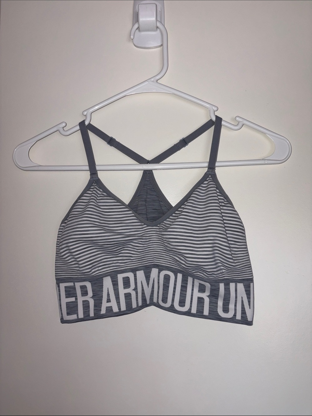 Under Armour Gray Striped Seamless Sports Bra with Logo Band